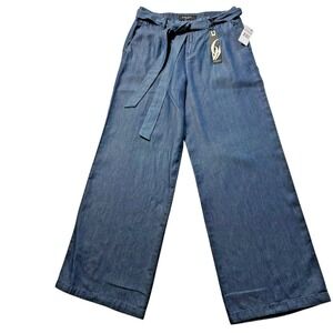 Nine West Wide Leg Paperbag Waist Pants w/ Belt Minimalist Coastal Chambray, 6